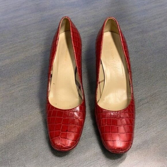 Burberry Croc Embossed Platform Pumps 4" Heel Dark Carmine Red, Size 39.5/9.5 - Picture 4 of 13